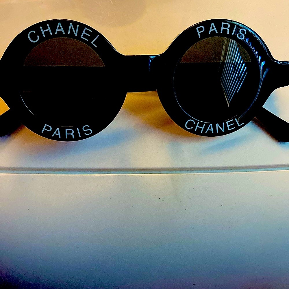 CHANEL Black Round Sunglasses with Paris Lettering